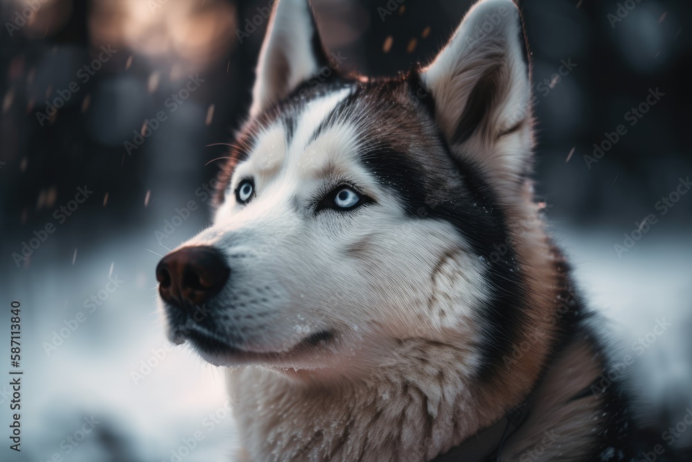 a close up of a Siberian husky breed dog's head against a hazy background. Generative AI