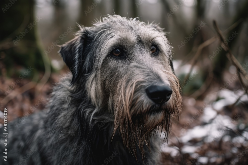 Fototapeta premium Irish wolfhound canine in the winter woodland. Generative AI