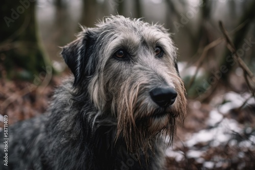 Irish wolfhound canine in the winter woodland. Generative AI