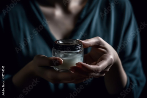 woman holds jar of skin care cream in hand against her body, cinematic light. Generative AI