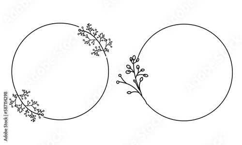 Wedding frames with flowers and branches isolated. Set of circular round floral wreaths with hand-drawn leaves for invitation card, template, postcards, logo, decoration, design, wedding, funeral.