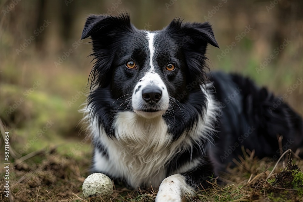 A lovely black and white border Collie poses in the meadow, holding a ball in its jaws. Generative AI