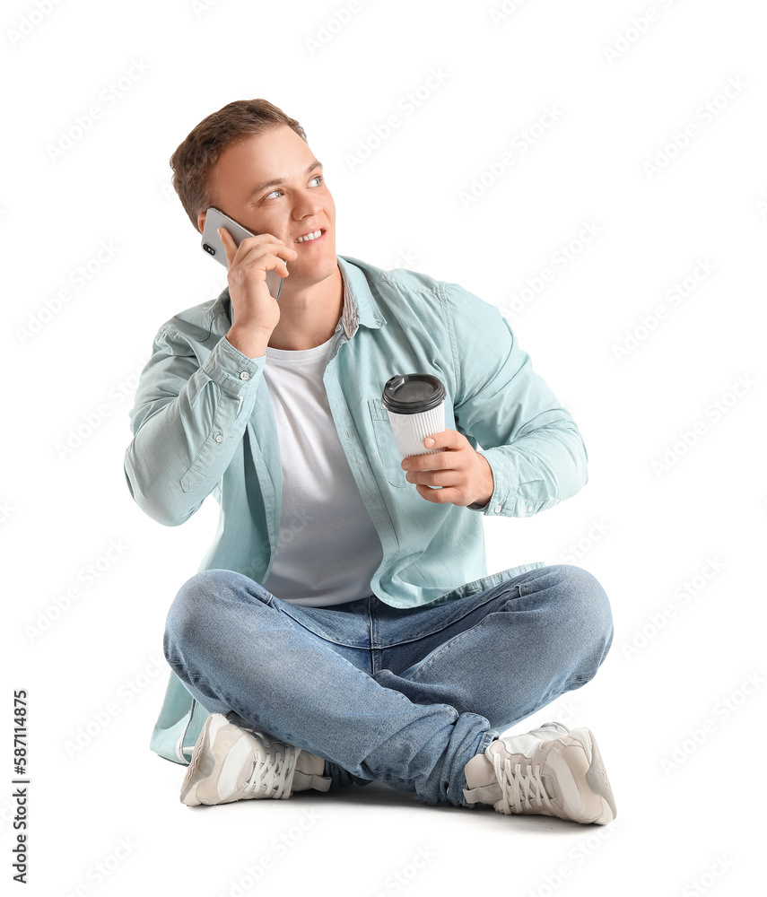 Young man talking by smartphone on white background Young man talking by smartphone on white background