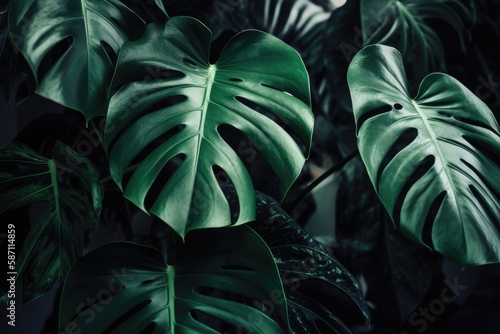 Monstera green leaves or Monstera Deliciosa fren and coconut leaves in dark tones, background or lush tropical pine forest pattern for creative design elements. Philodendron texture. Generative AI