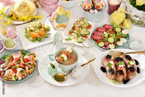 Easter table with traditional Polish dishes top view