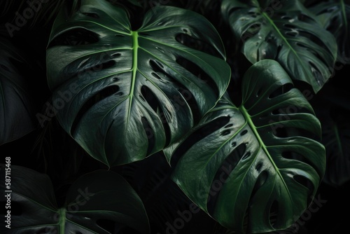 Monstera green leaves or Monstera Deliciosa fren and coconut leaves in dark tones, background or lush tropical pine forest pattern for creative design elements. Philodendron texture. Generative AI
