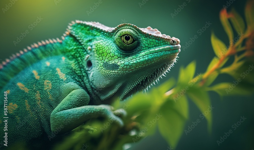 Green colored chameleon close up. Generative AI. Green colored chameleon close up. Generative AI.