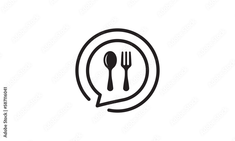 online food logo. chat with fork spoon and plate combination symbol vector illustration online food logo. chat with fork spoon and plate combination symbol vector illustration