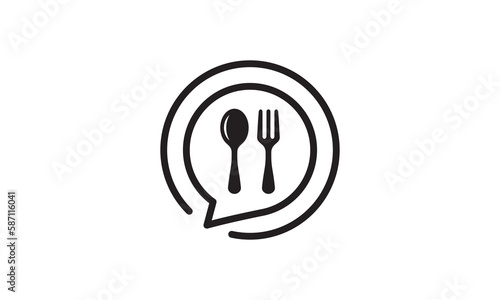 online food logo. chat with fork spoon and plate combination symbol vector illustration