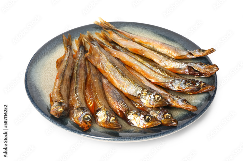 Plate with delicious smoked capelin isolated on white background Plate with delicious smoked capelin isolated on white background