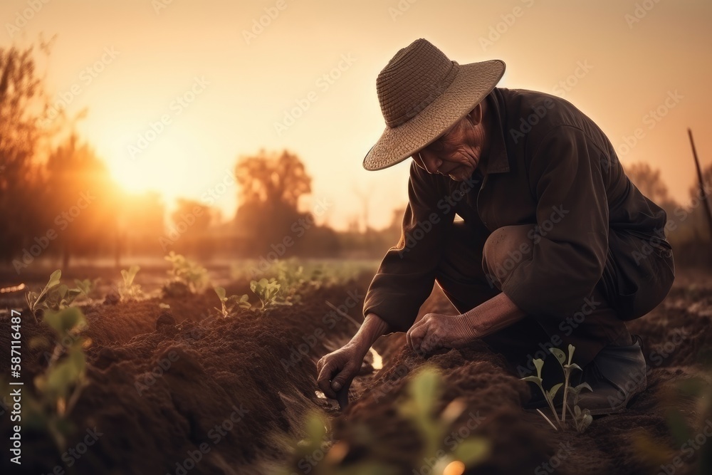 Male hands touching soil on the field during sunset. Farmer is checking soil quality before sowing Generative AI Male hands touching soil on the field during sunset. Farmer is checking soil quality before sowing Generative AI