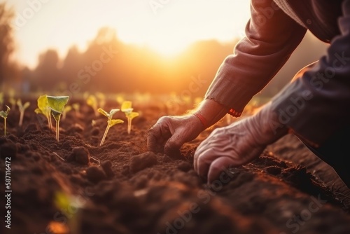 Male hands touching soil on the field during sunset. Farmer is checking soil quality before sowing Generative AI