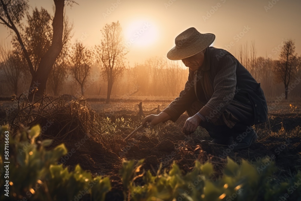 Fototapeta premium Male hands touching soil on the field during sunset. Farmer is checking soil quality before sowing Generative AI