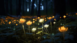 Glowing flower on the night fantasy forest with blurred background