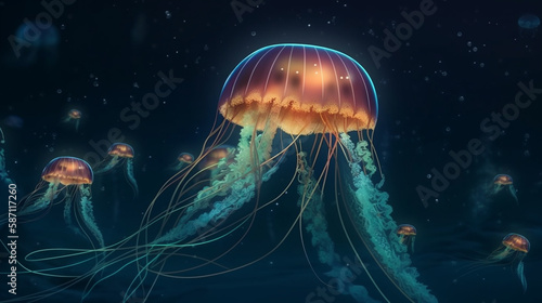 Beauty Glowing jelly fish on the night deep sea