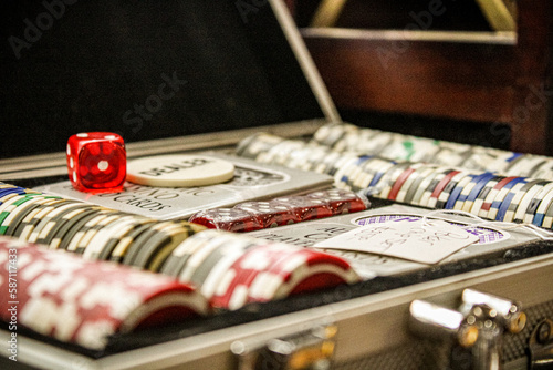 antique poker set with dice and cards