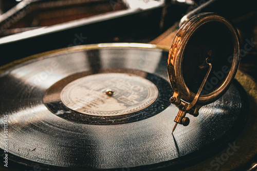 antique record player with needle