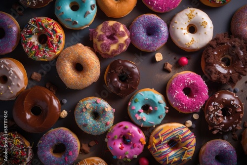 many different perfect donuts lying on a colorful floor