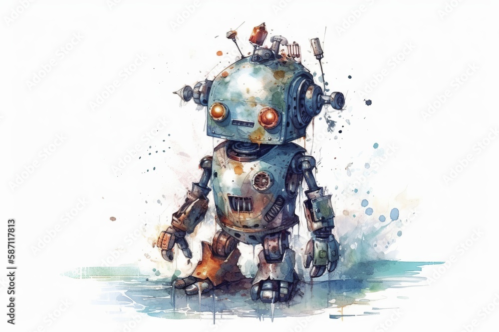 Cute Robot Watercolor. Generative AI Cute Robot Watercolor. Generative AI