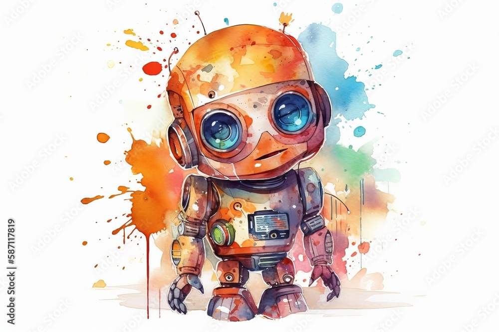 Cute Robot Watercolor. Generative AI Cute Robot Watercolor. Generative AI