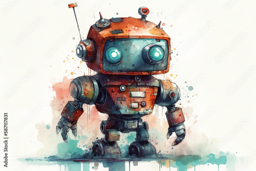 Cute Robot Watercolor. Generative AI Cute Robot Watercolor. Generative AI