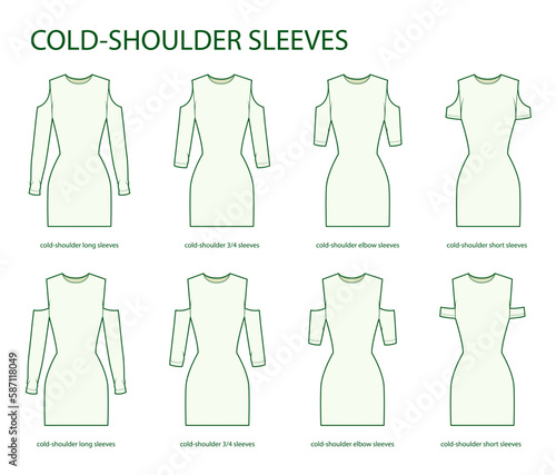Set of Cold-shoulder sleeves clothes long, 3-4, elbow, short length technical fashion illustration with fitted body. Flat apparel template front side. Women, men unisex CAD mockup