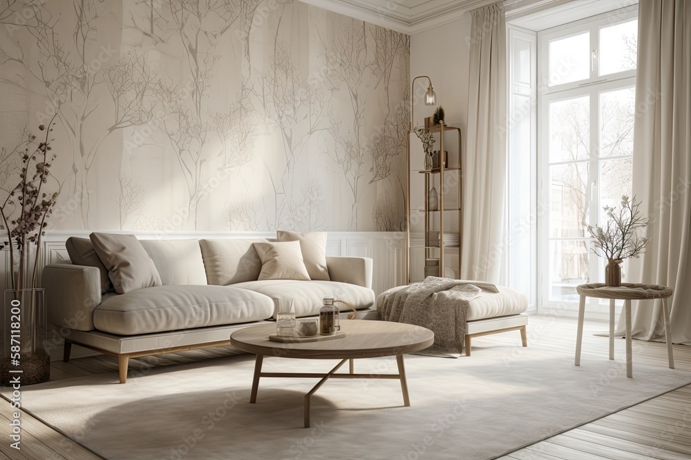 custom made wallpaper toronto digitalBeautiful white and beige living room with carpeted floor, wallpaper, and fabric couch. Classic minimalism,. Generative AI