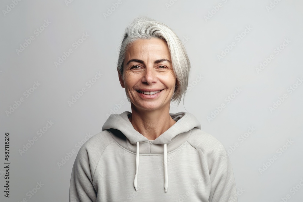 Mature woman with a cheerful smile wearing a sweatshirt stands alone on a white background, looking at the camera mid-aged. Generative ai. Mature woman with a cheerful smile wearing a sweatshirt stands alone on a white background, looking at the camera mid-aged. Generative ai.