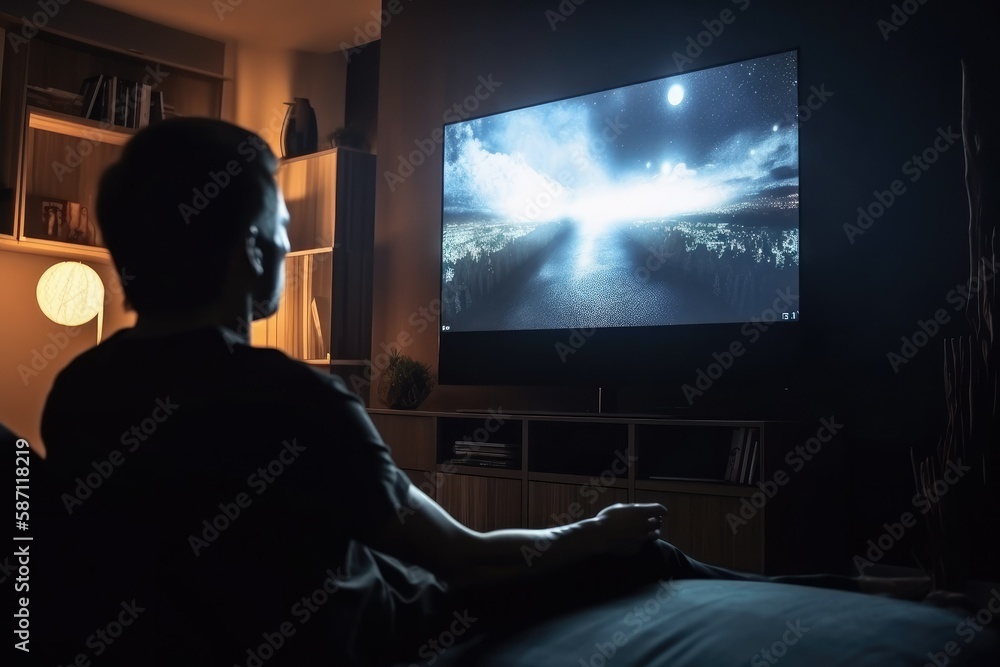Smart TV online movie streaming service. TV on demand video (VOD) service and streaming series. Man using a remote to select a movie to watch. Generative ai. Smart TV online movie streaming service. TV on demand video (VOD) service and streaming series. Man using a remote to select a movie to watch. Generative ai.
