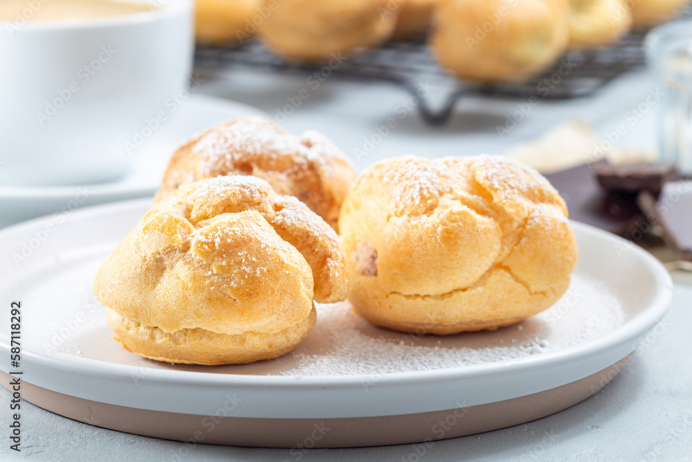 Profiteroles with whipped cream and chocolate filling, covered with icing sugar, horizontal