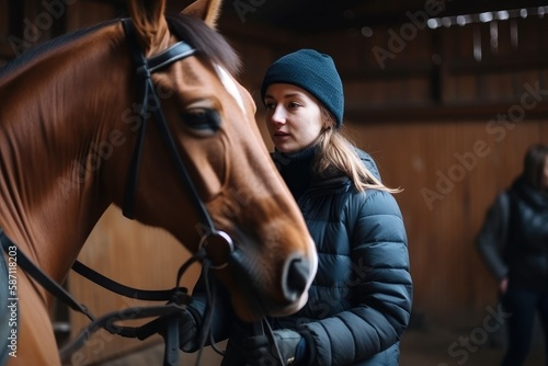 indoors education and training of horse at equine farm center - female instructor. Generative ai.