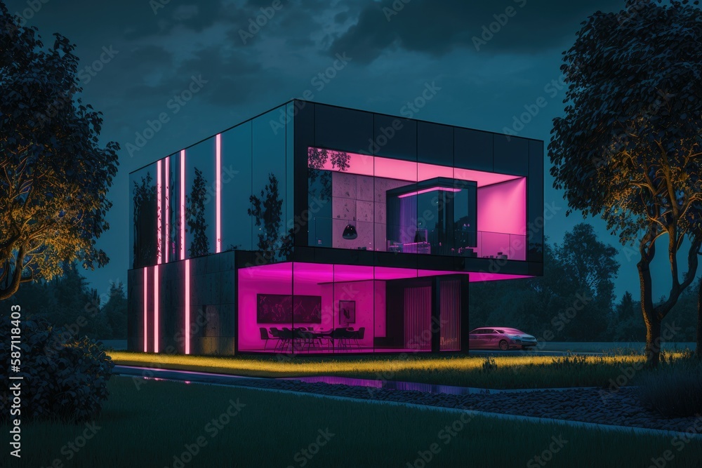Modern villa with single color led lights at night. Generative ai. Modern villa with single color led lights at night. Generative ai.