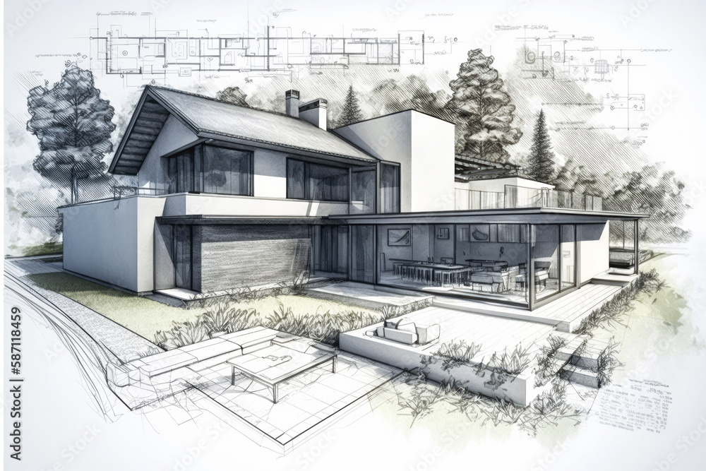 Plan and sketch of a modern detached house arhitect blueprint. Generative ai.
