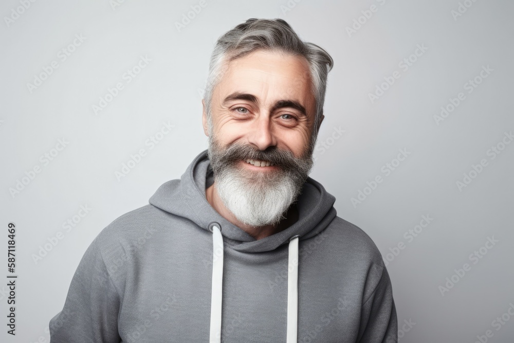 Mature, bearded man with a cheerful smile wearing a sweatshirt stands alone on a white background, looking at the camera mid-aged, gray-haired senior hipster. Generative ai. Mature, bearded man with a cheerful smile wearing a sweatshirt stands alone on a white background, looking at the camera mid-aged, gray-haired senior hipster. Generative ai.