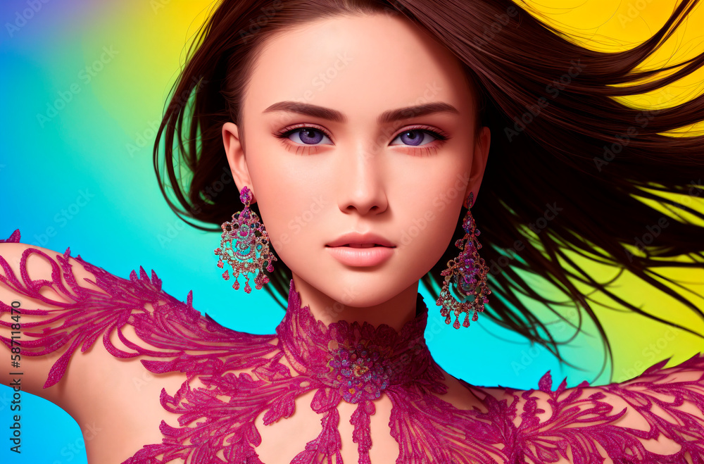 Beautiful bright woman. Model with expressive appearance. Generative AI. Beautiful bright woman. Model with expressive appearance. Generative AI.