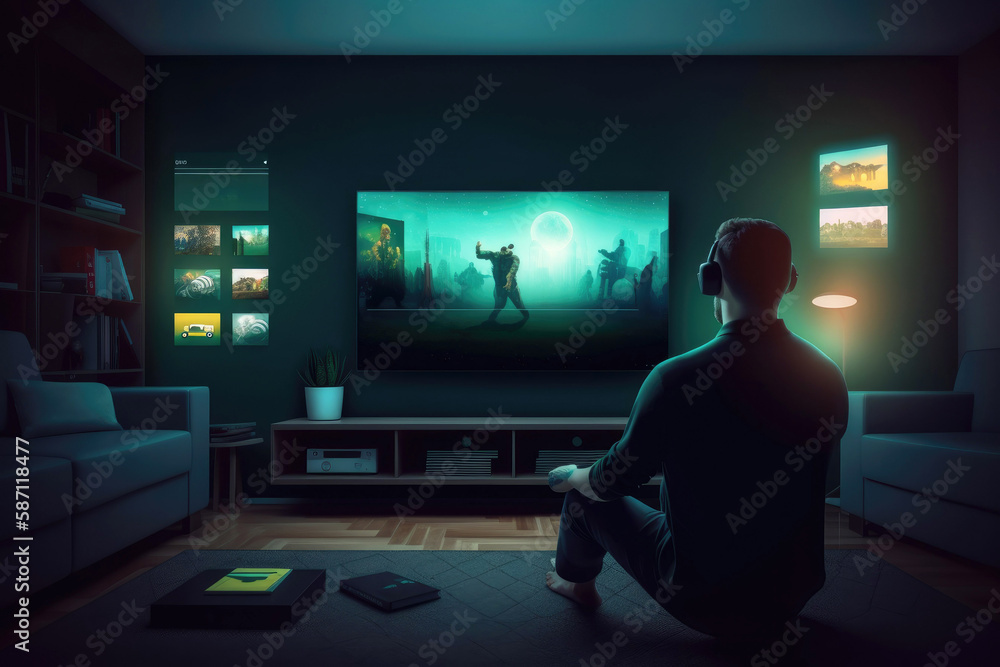 Smart TV online movie streaming service. TV on demand video (VOD) service and streaming series. Man using a remote to select a movie to watch. Generative ai. Smart TV online movie streaming service. TV on demand video (VOD) service and streaming series. Man using a remote to select a movie to watch. Generative ai.