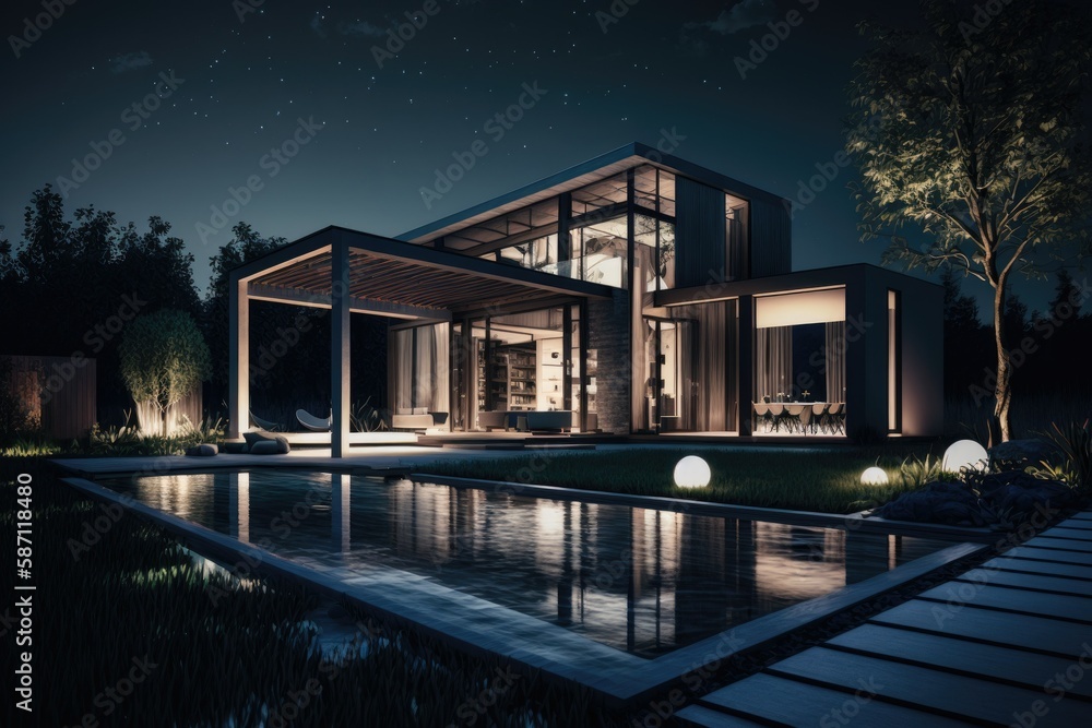 Night view of a beautiful modern house with solar panels and a swimming pool. Generative ai.