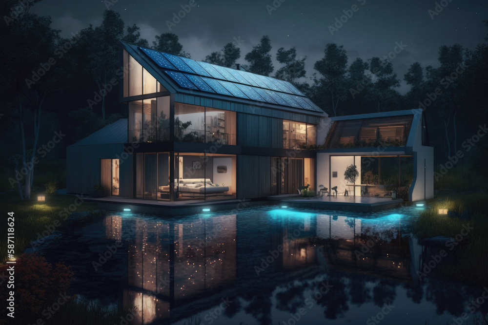 Night view of a beautiful modern house with solar panels and a swimming pool. Generative ai. Night view of a beautiful modern house with solar panels and a swimming pool. Generative ai.