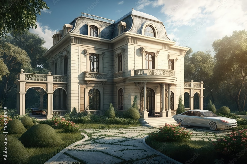 Large villa with two floors and garden. Generative ai.