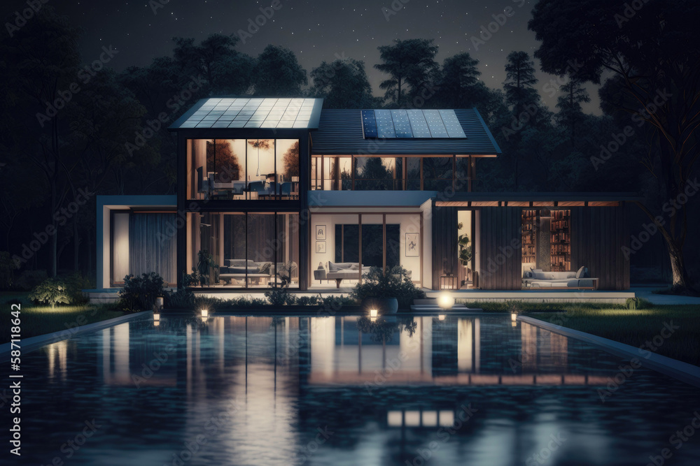 Fototapeta premium Night view of a beautiful modern house with solar panels and a swimming pool. Generative ai.