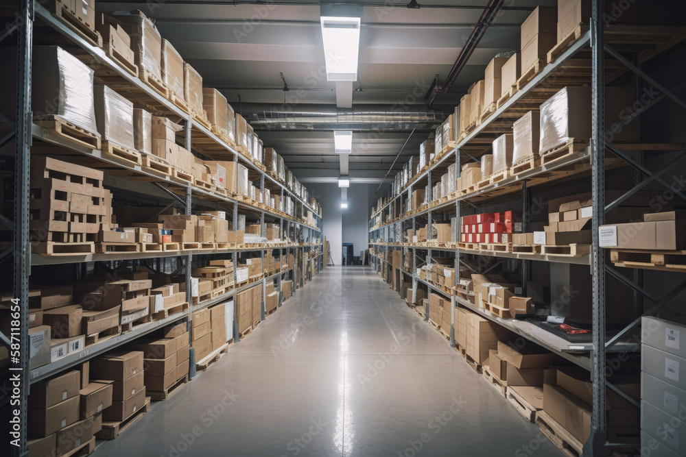 A large clean warehouse with shelfs, carboard boxes and products. Generative ai. A large clean warehouse with shelfs, carboard boxes and products. Generative ai.