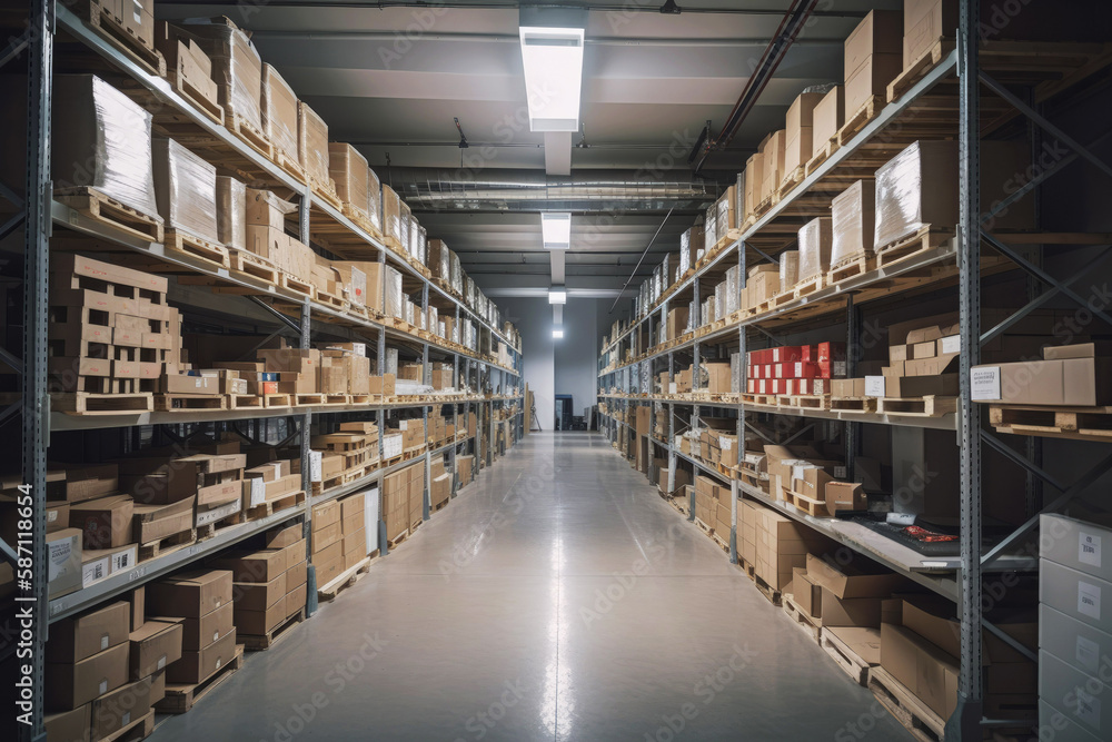 A large clean warehouse with shelfs, carboard boxes and products. Generative ai.