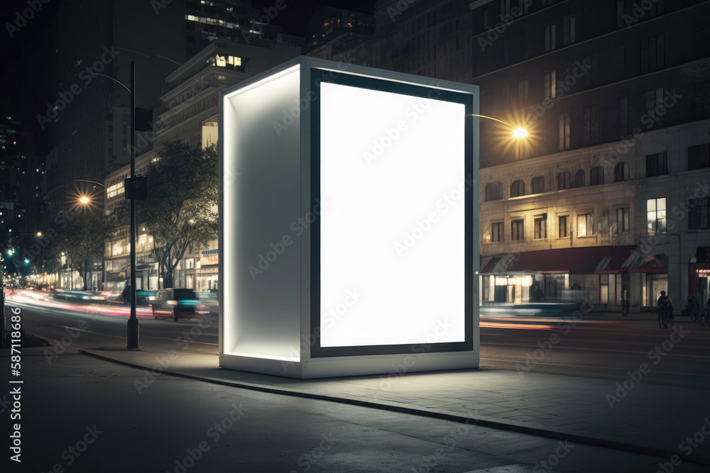 Mockup of blank advertising light billboard in the city at night. Light trails in background. Generative ai. Mockup of blank advertising light billboard in the city at night. Light trails in background. Generative ai.