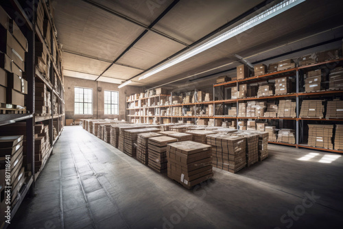 A large clean warehouse with shelfs  carboard boxes and products. Generative ai.