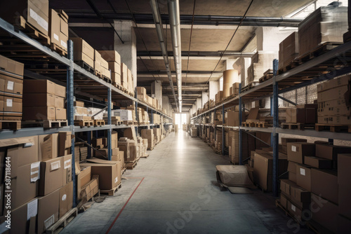 A large clean warehouse with shelfs, carboard boxes and products. Generative ai.