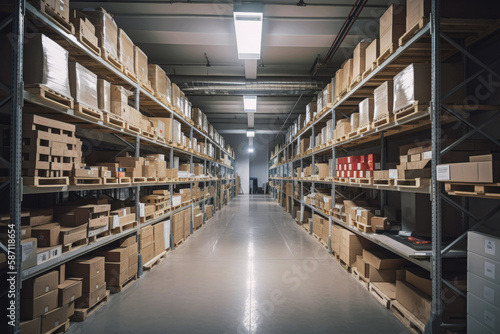 A large clean warehouse with shelfs, carboard boxes and products. Generative ai. © VisualProduction