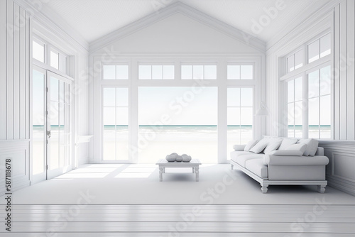 empty large living room of luxury summer beach house. Big white wall background in vacation home or holiday villa. Generative ai.