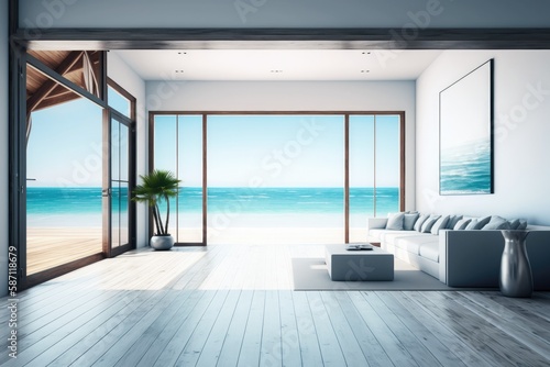 Sea view dining and living room of luxury summer beach house with swimming pool near wooden terrace. Big gray sofa in vacation home or holiday villa. Generative ai. © VisualProduction