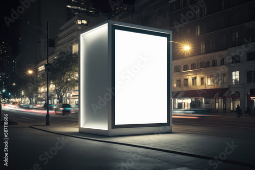 Mockup of blank advertising light billboard in the city at night. Light trails in background. Generative ai.