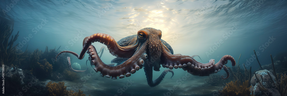 a beautiful photography of a majestic big octopus in the ocean